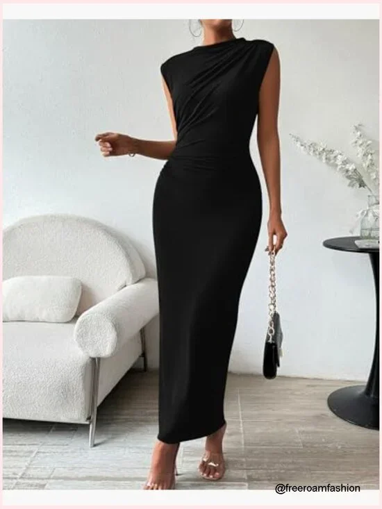 Ruched Bodycon Maxi Dress Sleeveless Slit Formal Cocktail Wedding Guest - Picture 3 of 7